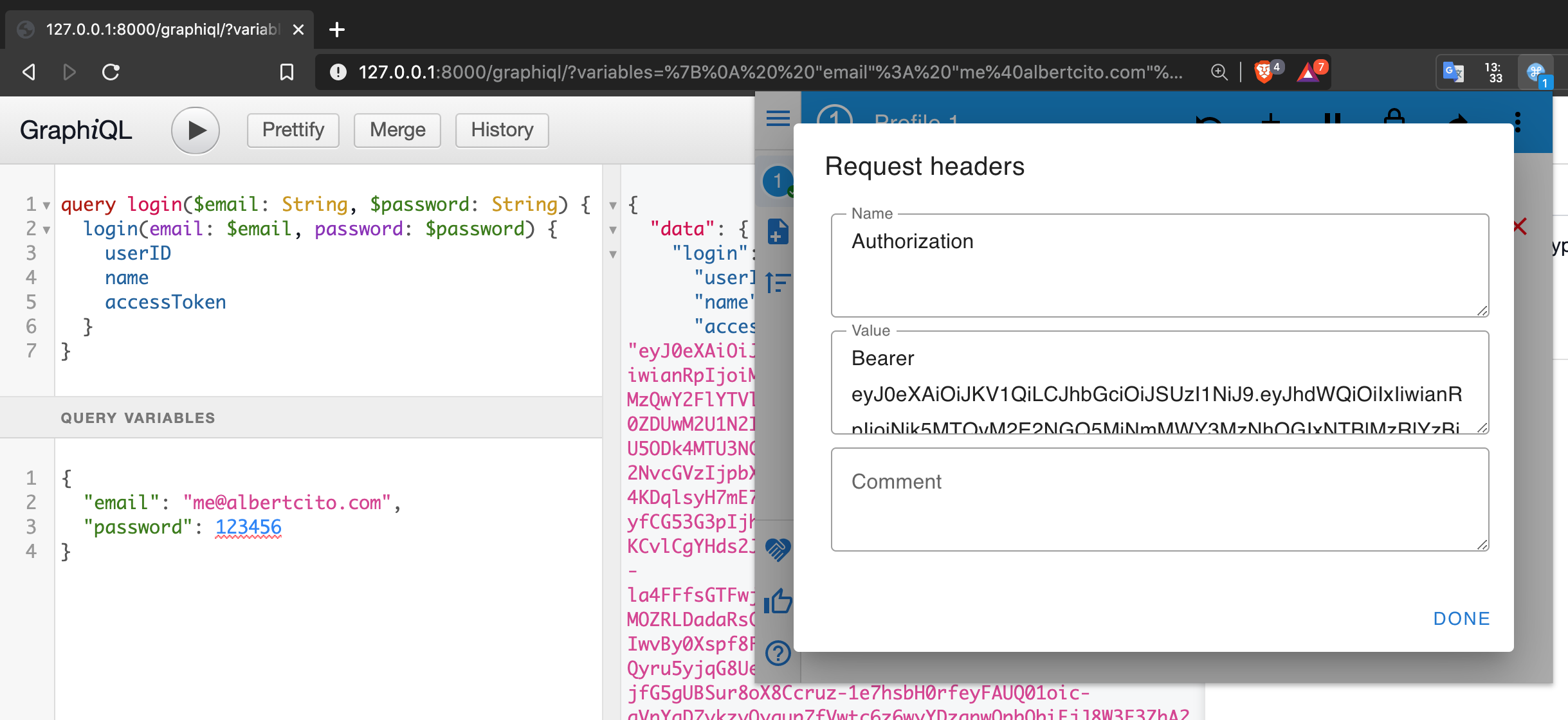 Authentication Laravel + GraphQL using ModHeader and GraphiQL